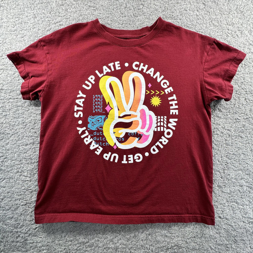 Dutch‎ Bros Peace Sign Graphic Print Red Short Sleeve T-Shirt Womens Small